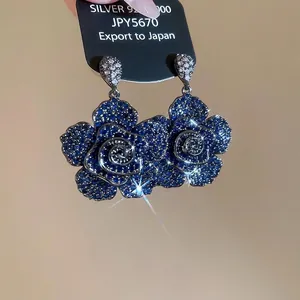 Blue Flower Inlaid Zircon Dangle Earrings With 925 Sterling Silver Earring Post Luxury Jewelry For Women