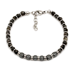 Mens beaded bracelet with grey natural stones and stainless steel square beads on white background