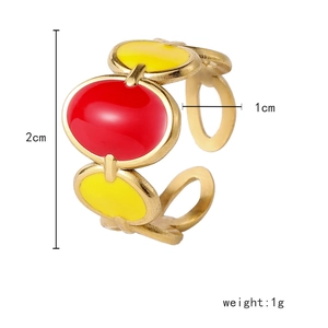 Adjustable gold titanium steel ring with hollow oval design and colorful enamel inlay