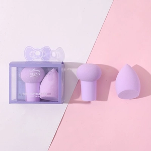 Purple mushroom head makeup sponge set with handle and blending puff in soft gift box