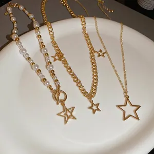 Three-layer gold star and pearl necklace set with OT buckle on a white background