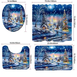 Size chart showing 4-piece Christmas bathroom set dimensions in inches and centimeters
