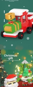 Detailed assembly view of a Christmas train building block set with Santa and reindeer