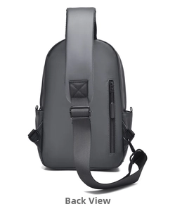 Dunkelgraue Brusttasche Rückseite mit verstellbarem Gurt und verdecktem Reißverschlussfach
