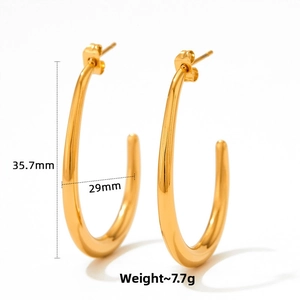 Detailed view of polished gold U-shaped hoop earrings with precise size measurements