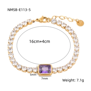 Detail of gold titanium steel tennis bracelet with purple cubic zirconia and sizing specs