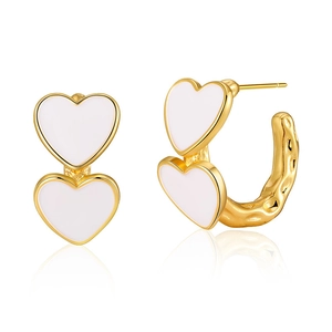 Irregular C-shaped brass earrings with 18K gold plating and white enamel double hearts