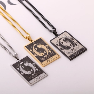 Detailed macro shot of square Pisces tarot pendant necklaces in silver, gold and black finish