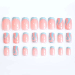24pcs French style pink and blue wave pattern press-on nails set on white background
