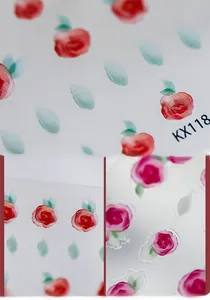 Macro detail of KX118 ultra-thin crystal clear floral nail stickers with rose patterns