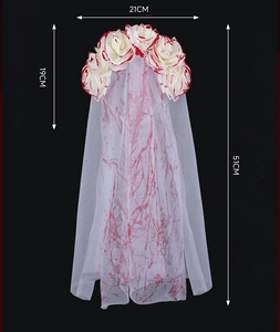 Ghost bride veil with blood splatters and flowers showing dimensions 21cm by 51cm