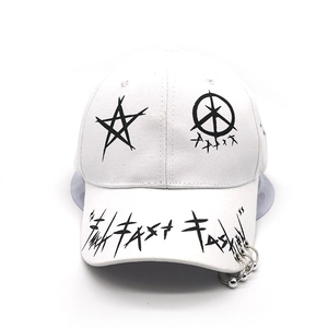 Detail of white cotton baseball cap showing black star print and three silver rings on brim