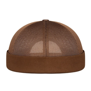 Brown mesh docker hat with breathable crown and adjustable rolled cuff for summer