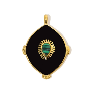 Macro detail of French water drop pendant with natural malachite and golden sunray pattern