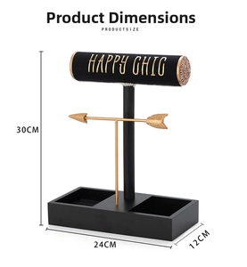 Detailed dimensions of a black velvet jewelry tower with golden metal bars and base