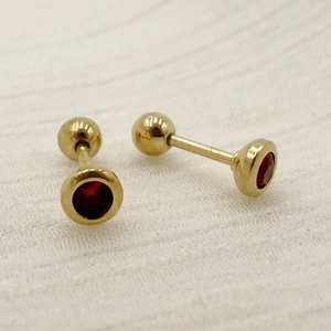 Detailed shot of gold titanium steel dumbbell stud earrings with red round zircon stones