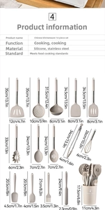 Size chart showing detailed dimensions for 14-piece silicone and stainless steel utensil set