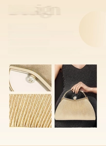Detail of gold pleated evening bag with sparkling rhinestone closure and round handle