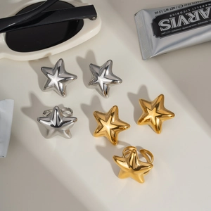 Puff Star Stud Earrings and Adjustable Finger Ring Stainless Steel Niche Design Fashion Jewelry For Women