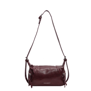 Retro burgundy oiled leather tote bag with side zippers and adjustable shoulder strap