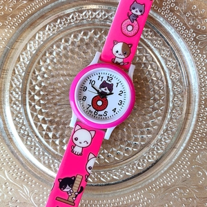 Pink girls' quartz watch with cute cartoon cat and donut prints on a soft strap