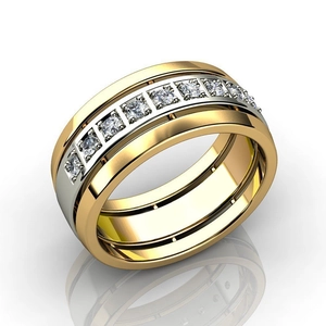 Bague de couple bicolore minimaliste avec bandes or et argent et pierres précieuses incrustées