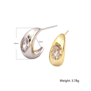 Polished S925 silver C-shape hoop earrings with oval zircon in gold and silver finish