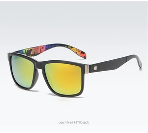 Detail of square sports sunglasses with yellow-green gradient lenses and pixel texture temples