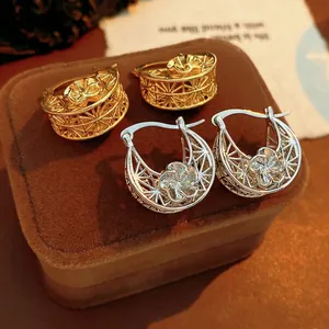 Hollow Geometric Mesh Flower Hoop Earrings With Silver Earring Post Copper Vintage Luxury Style Jewelry For Women