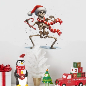 Dancing Christmas Skeleton Wall Sticker PVC Funny Skull With Santa Hat Scarf Candy Cane Festive Decor Decal