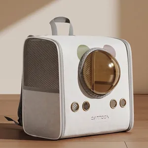 Portable white pet carrier bag with transparent space capsule window and cartoon print