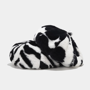 Béret chic à imprimé vache noir et blanc pour femme en fausse fourrure douce et chaude