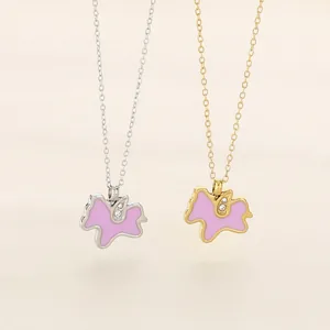 Unicorn Pendant Necklace Titanium Steel Pink Enamel Sparkling Rhinestone Animal Clavicle Chain Gift For Women Girls