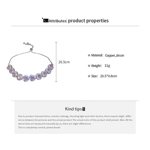 Detailed size chart for pink heart zircon bracelet with length and material specs