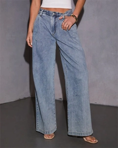 Detailed full-length view of light blue wide-leg denim jeans with a high-waisted loose fit