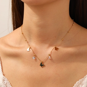 Butterfly Pendant Necklace And Bracelet Stainless Steel 18K Gold Plated Shell Cubic Zirconia Bead Chain Jewelry Women