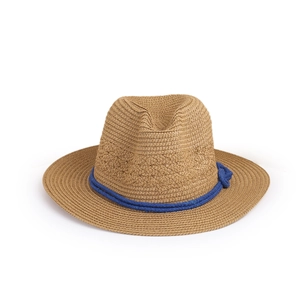 Close-up of woven straw fedora hat with navy blue rope band and knot detail