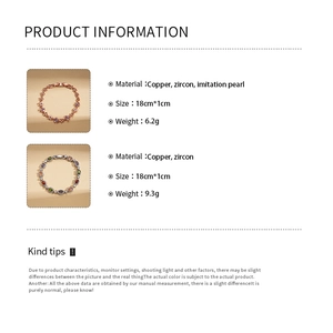Detail view of 18cm copper bracelets featuring zircon stones and faux pearls in two styles