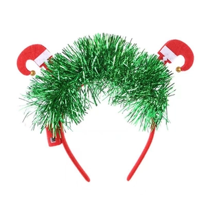 Light up Christmas headband with green tinsel and red elf boots with golden bells