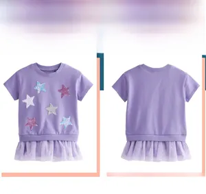 Detailansicht von Vorder- und Rückseite eines lila Mädchen-Kurzarmkleids mit Pailletten