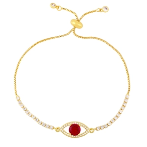 Adjustable golden Evil Eye bracelet with red center stone and white zircon accents