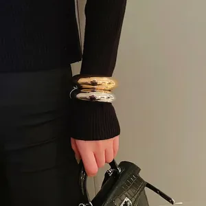 Minimalist Chunky Hinged Bangle Bracelet Geometric Round Alloy Mirror Polished Gold Silver Fashion Jewelry Women
