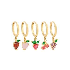 Five-piece gold fruit earring set with colorful zircon strawberry and cherry charms