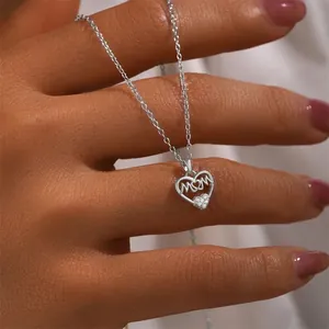 S925 sterling silver heart-shaped MOM necklace with pave crystals for Mother's Day