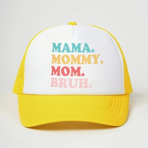 Adjustable yellow and white trucker hat with MAMA MOMMY MOM BRUH text print