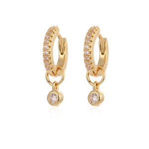 Golden hoop earrings with sparkling cubic zirconia and hanging round diamond pendant