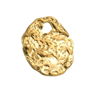 Macro view of a gold irregular textured metal pendant charm with lava-like hammer pattern