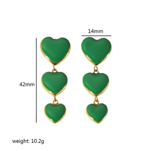 Boucles d'oreilles cœur en émail vert en acier inoxydable doré 18K, 42x14mm