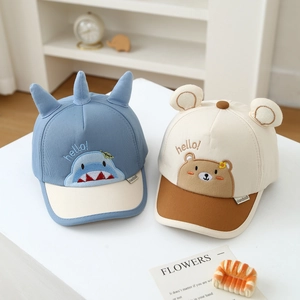 Kids cotton baseball caps featuring 3D shark fins and bear ears with cute embroidery