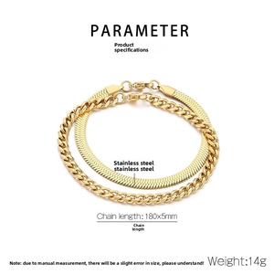 Detailed view of gold stainless steel flat snake and cuban link chain bracelet set